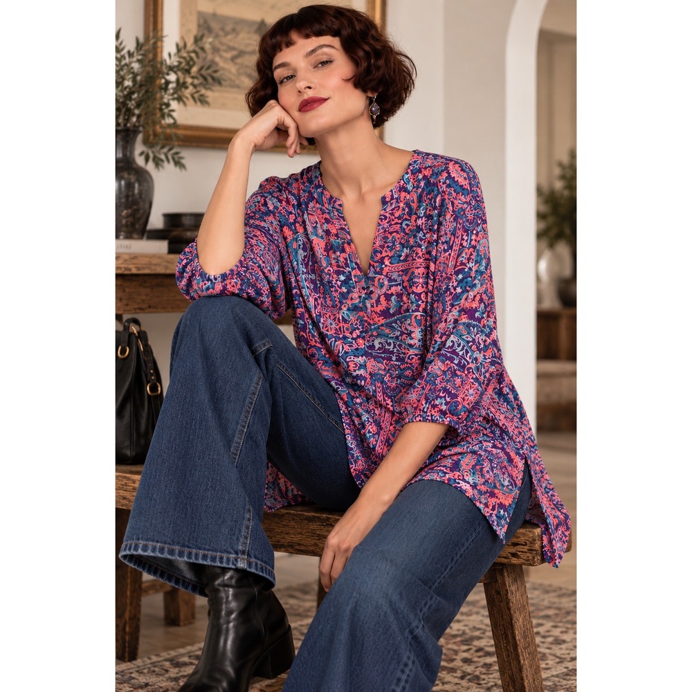 Boutique + Womens 1X Paisley Floral Split Neck 3/4 Sleeve Tunic Blouse Navy Pink